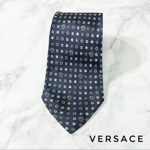 Versace Blue White Medusa Circle Print Silk Tie